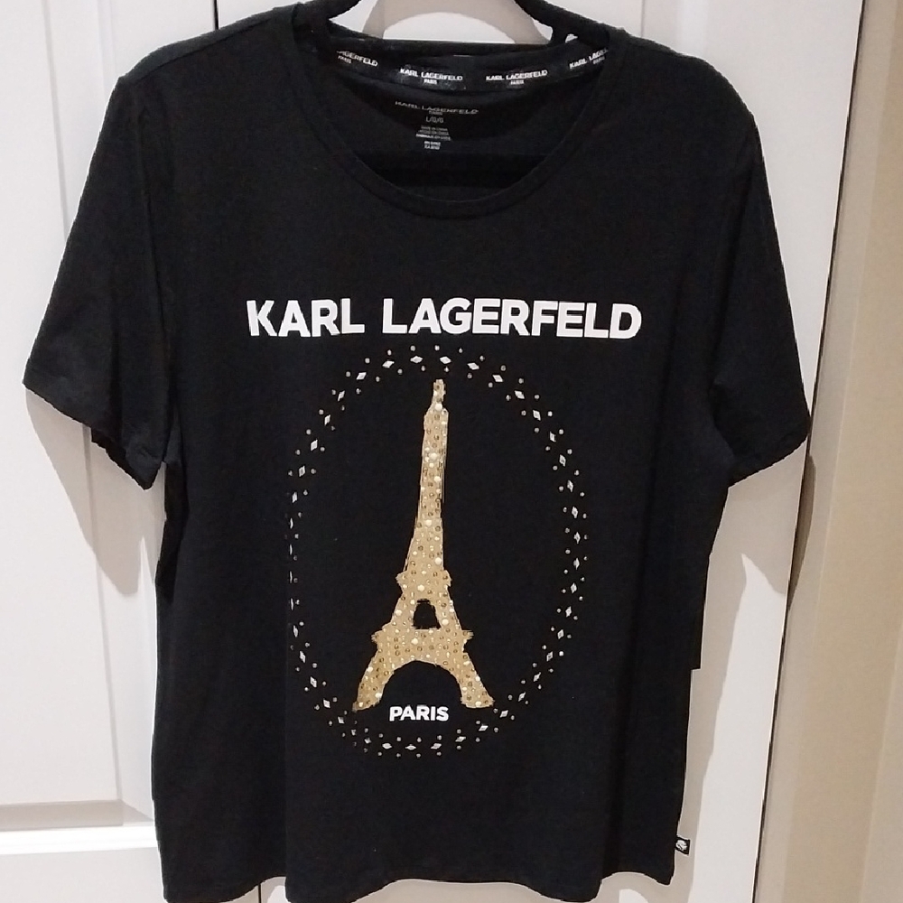 Nwt Large 95% Cotton Karl Lagerfeld Black Tee with Gold Eiffel Tower